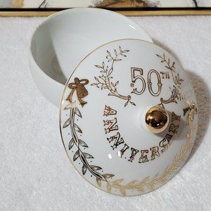 LEFTON CHINA Vintage Hand Painted Golden 50th Aniversary Porcelain Bowl & Lid